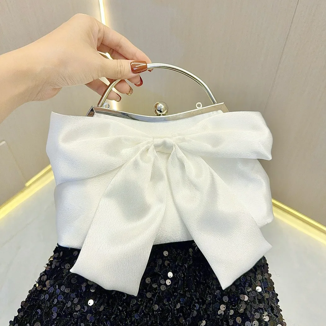 

White Satin Bow Fairy Evening Bags Clutch Metal Handle Handbags for Women Wedding Party Bridal Clutches Purse Chain Shoulder Bag