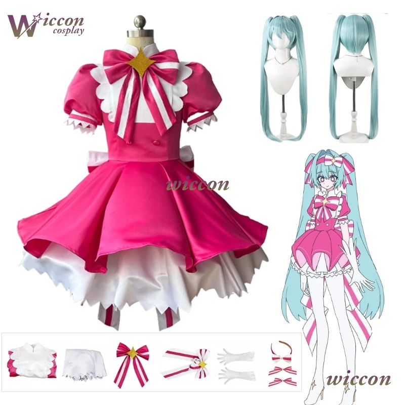 

Retry Now Mikuku Cosplay Costume Project SEKAI Pink Dress Full Set Magic Wand Wide Flared Skirt Women Halloween Roleplay Kawai