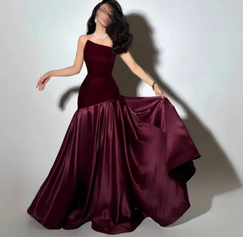

2025 New Modern Evening Dresses Strapless Sleeveless Top Velevt Satin A-line Birthday Prom Party Gowns Robe Femme De Soiree