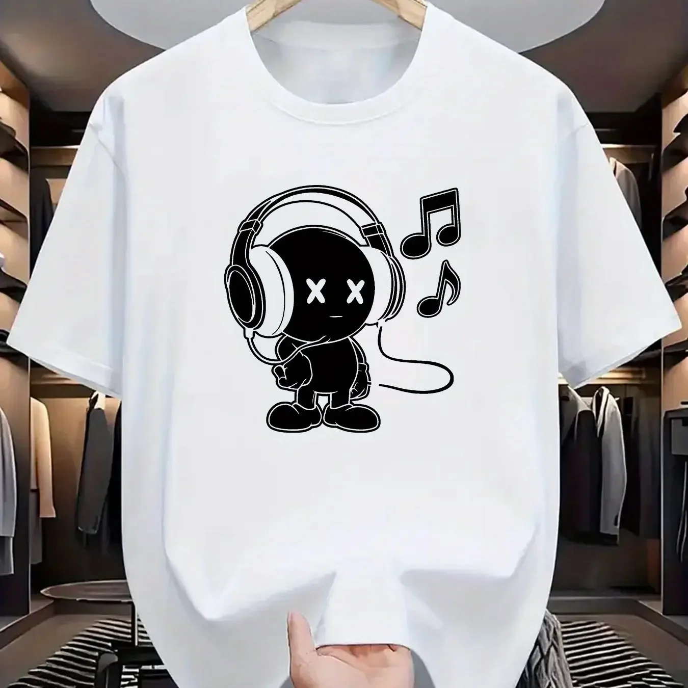Summer Men's 100% Cotton Casual Loose Fit Plus Size Music Themed Printed Comfortable Sports Round Neck Short Sleeved T-shirt Top