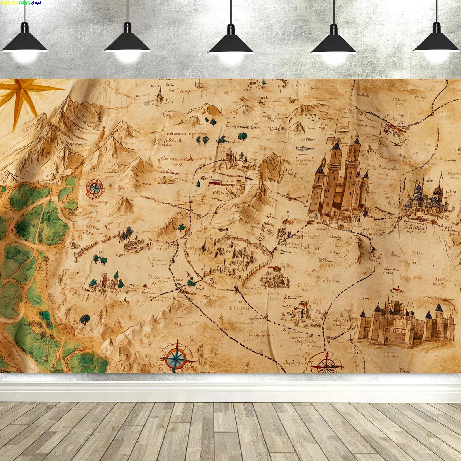 Vintage Explorer Treasure Map Background Fabric Parchment Hand Painted Map Fabric Home Decoration Tablecloth Background Banner