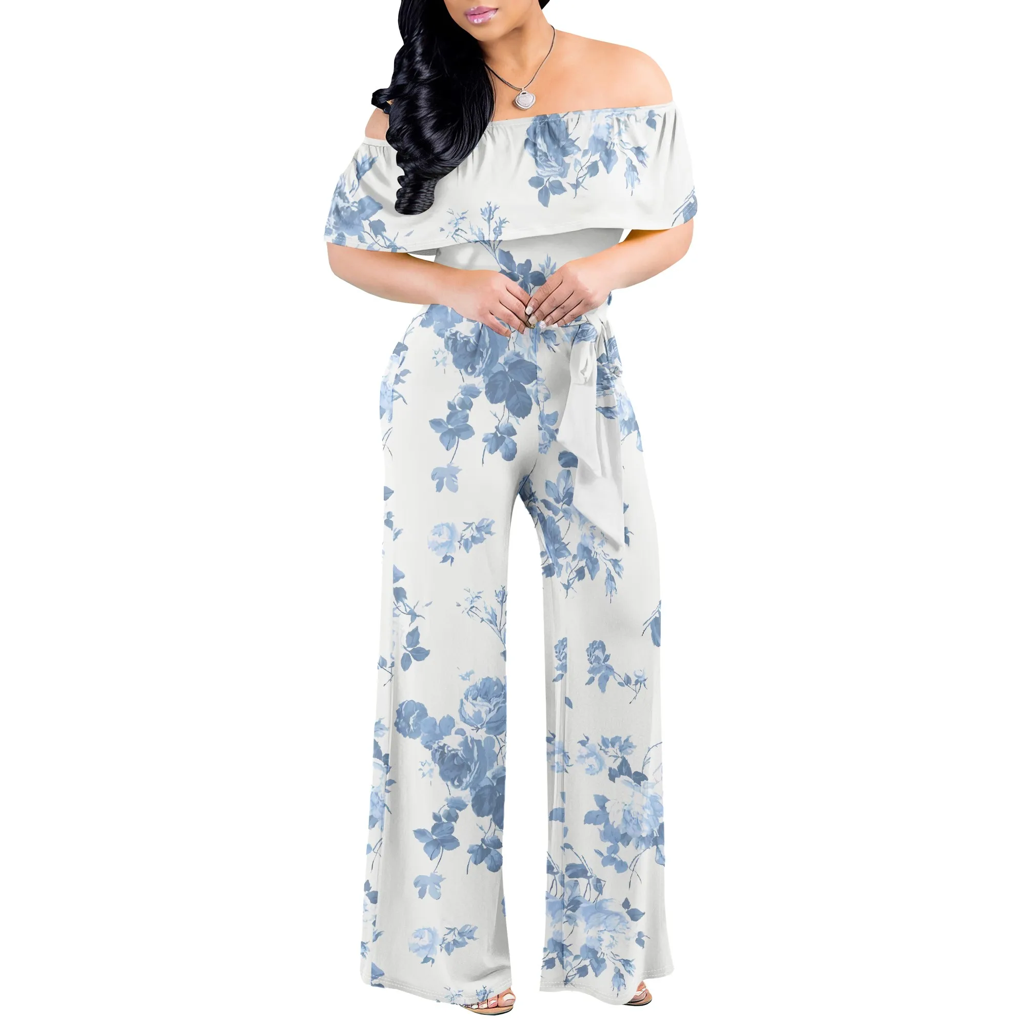 Yellow Retro Floral Print Off Shoulder Wide Leg Jumpsuit Women Summer Casual Romper