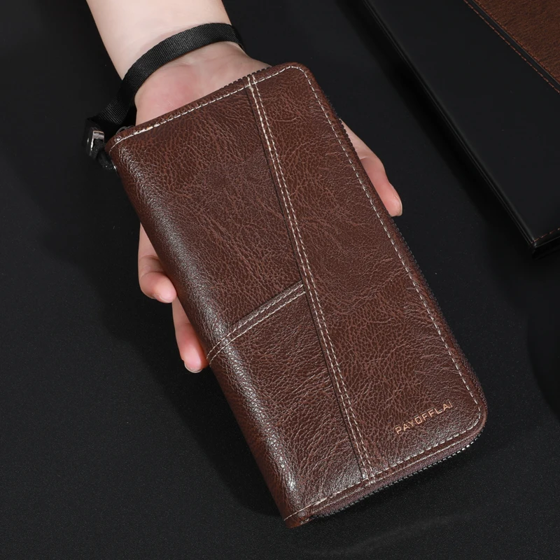 Men\'s Leather Zipper Handbag Large Capacity Long Wallet Clutch Bag Phone Bag Multi-card Card Holder Coin Purse Wallet