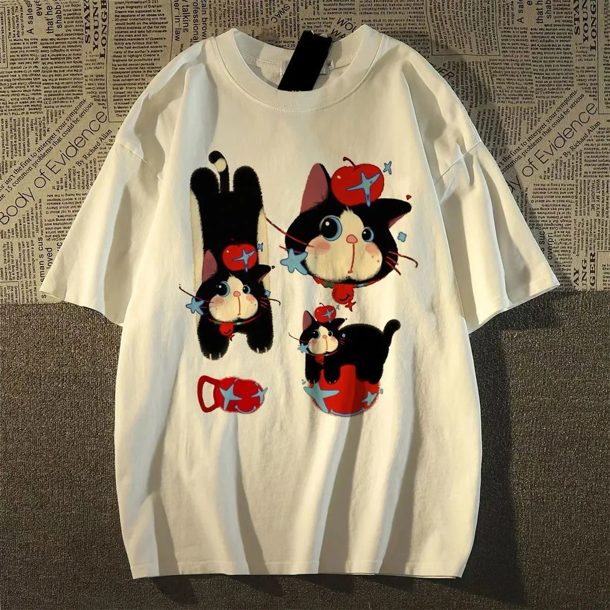 Camiseta con estampado de gato de manzana para mujer, camiseta 100% de algodón Kawaii Y2K de verano, Top coreano Kawaii de manga corta, camiseta de gran tamaño de talla grande