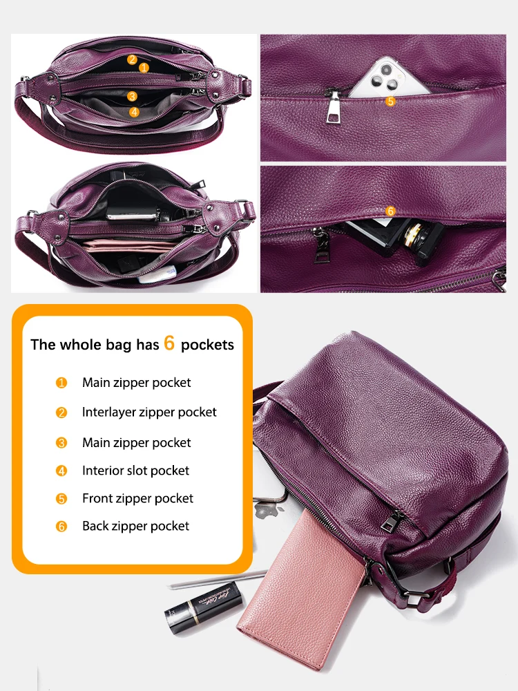 Zency 100% Genuine Leather Fashion Purple Women Shoulder Bag High Quality Elegant Lady Crossbody Bags Black Messenger Bag 2024