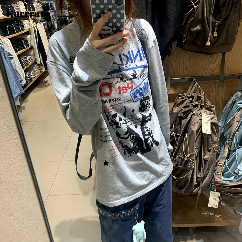 Karrram Japanese Y2k Letter Print T-shirt Trashy 2000s Style Long Sleeve Gray Tops American Retro Streetwear Vintage Harajuku