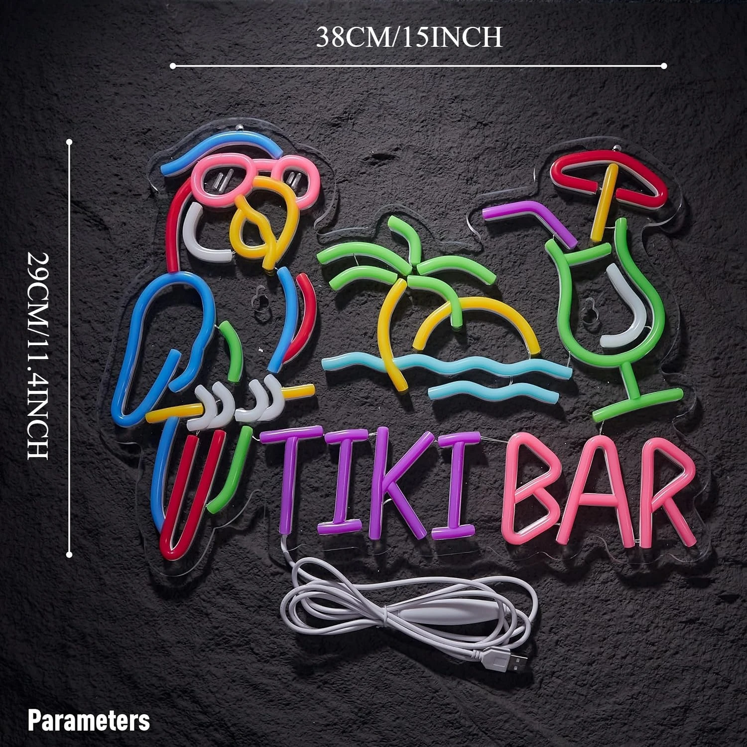 Letreiro Neon Tiki Bar Papagaio e Palmeira, Luz de Parede Artística para Negócios, Luz Neon LED USB para Decoração de Restaurantes, Clubes de Cerveja,