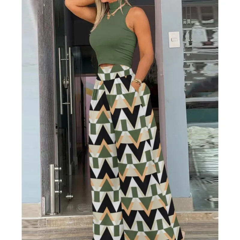 Women's 2 Piece Printing Pant Sets Sleeveless Half High Collar Tops Pockets Wide Leg Pants High Waist Suit Elegant Office Ladies