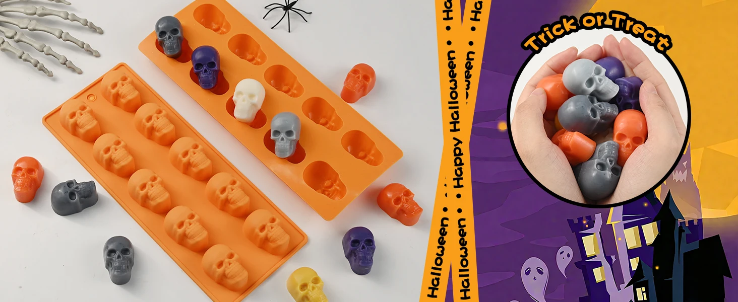 Totenkopf-Schokoladenformen, 2er-Pack Halloween Totenkopf-Süßigkeitenformen mit 20 Vertiefungen | Antihaft-Silikonform mit Totenkopfmotiv für Gummibärchen, Gelee und Eiswürfel – Detail 2