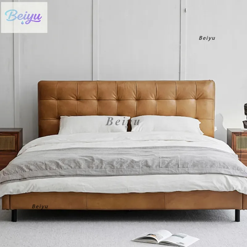

Italian minimalist bedroom leather bed modern minimalist medieval style buckle bed small apartment master bedroom double 1.8m le