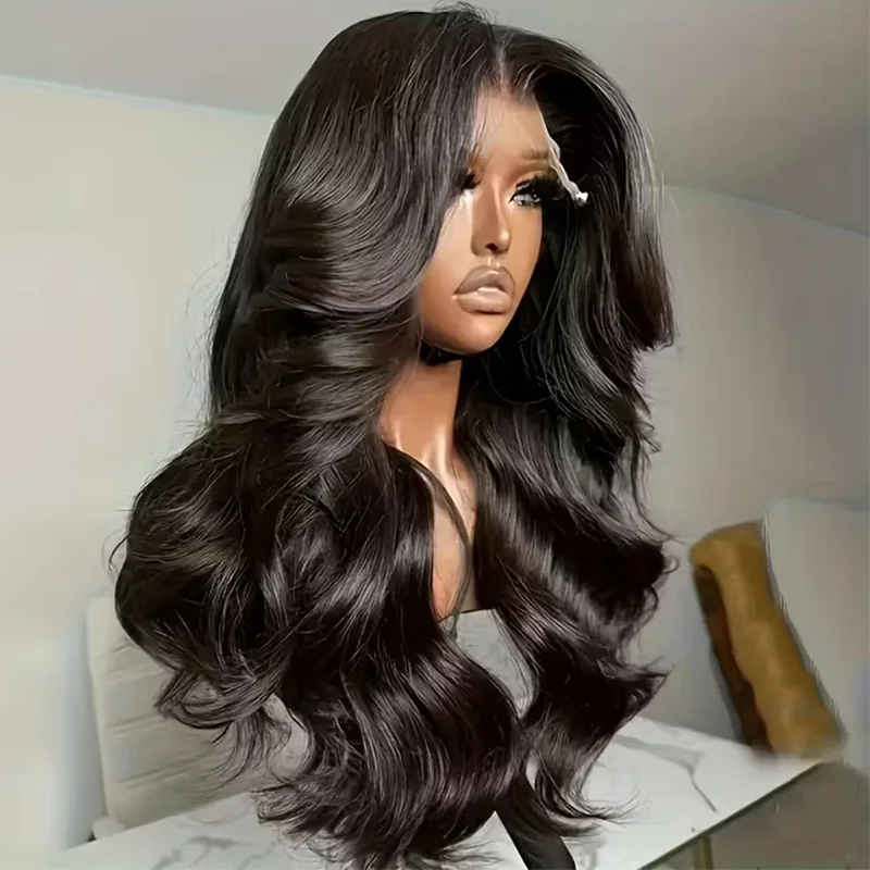 Perruques Lace Front 13x4 de 30 pouces en cheveux humains, densité 250, ondulées, avec dentelle HD, pré-épilées, noir naturel