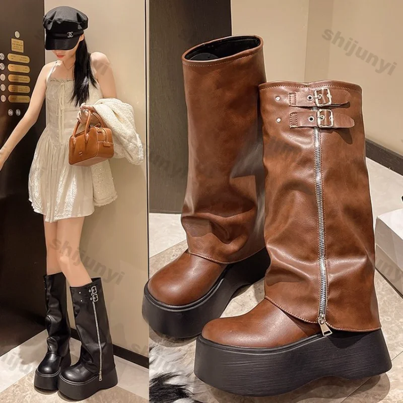 Women Fashion Platform Pile Western Ankle Boots Women Autumn Brown Chunky Heel Trouser Boots Thick Sole Knee-high Knight Booties