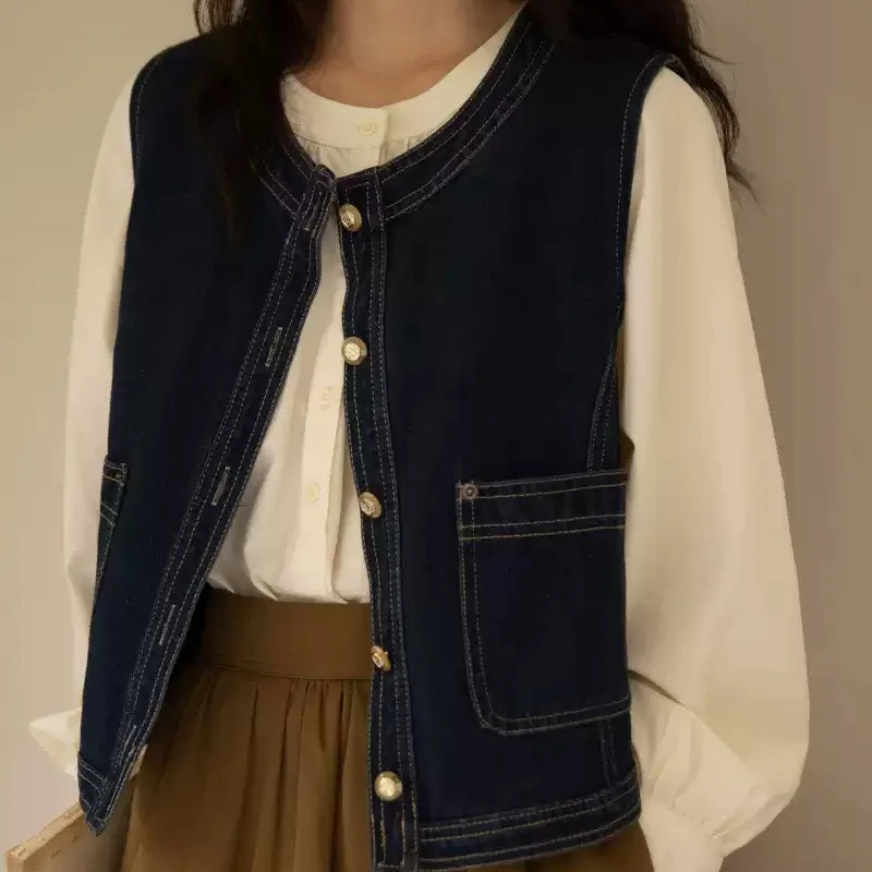 

Slimming Effectiven Denim Vest Spring Summer Women's Svel Jaet round Ne Single Button Design Faionable Tank Top