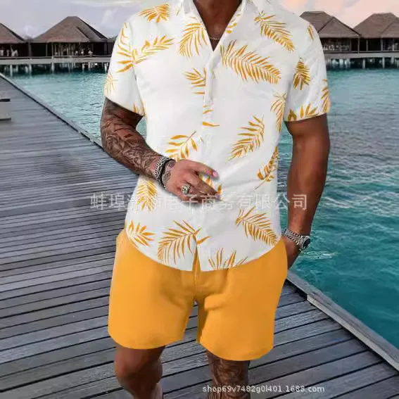 Men's Two-piece Clothing Tropical Print Short Sleeve Button Hawaiian Shirt And Shorts Set