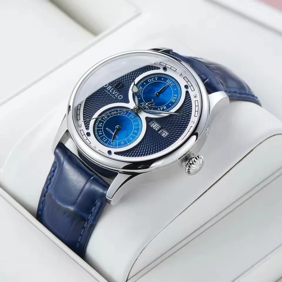 Reef Tiger Men Automatic Watch 42mm Fashion Mechanical Wristwatch 5ATM Luminous Multi MOP Dial Month,Week,Date,24 Hours