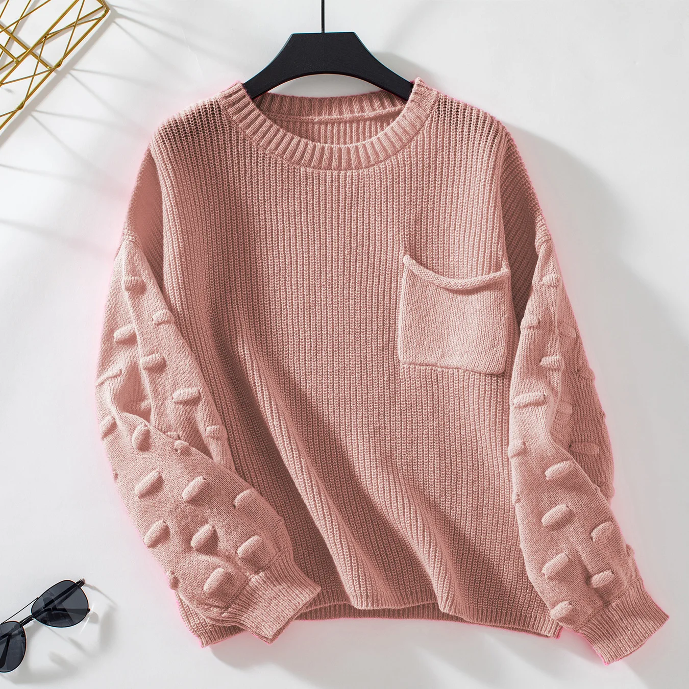 

New In 2024 Solid Color Pocket O-Neck Pullover Women's Knitted Sweater Autumn And Winter Fashion Warm Long Sleeve Knitwear