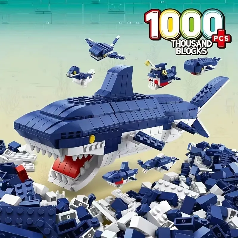 

6-in-1 shark building blocks, Underwater World series assembly building blocks, shark, squid, lanternfish, crab building blocks.