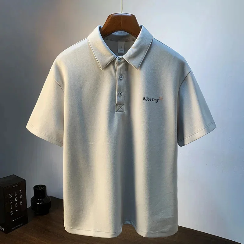 Short sleeved polo shirt men's minimalist printed summer collar T-shirt loose casual five quarter sleeve top