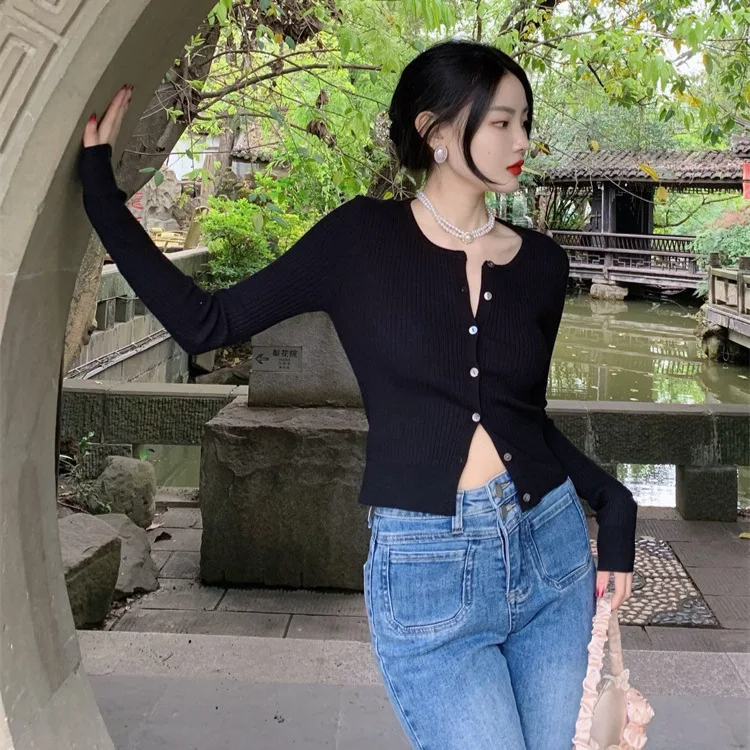 

7140 Summer New American Style 14-Needle Dense Round Neck Ribbed Elastic High-Waist Short Cardigan Layered Jacket