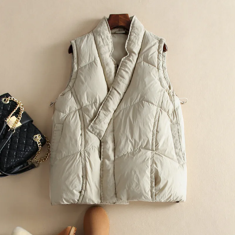 V Neck Drawstring Down Vest Jakcet Autumn Winter Women Warm Light Thin White Duck Down Waistcoat Ladies Loose Sleeveless Tank