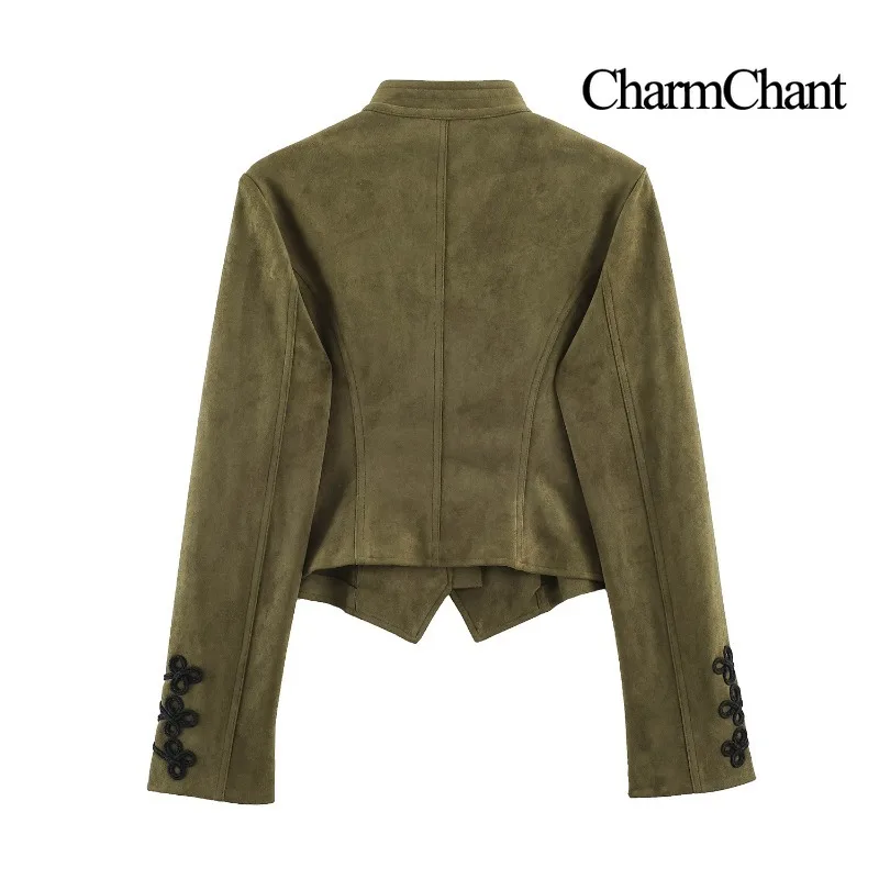 CHARMCHANT Women's Retro Faux Suede Stand Collar Long Sleeve Cropped Jacket Knot Embroidery Decor Vintage Street Wear Fall 2026
