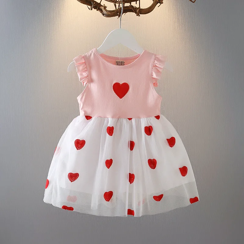 

Summer Kid Girl Dress Ruffle Sleeveless Princess Dress Fashion Tulle Tutu Costume Heart Print Baby Girl Clothes Children A843