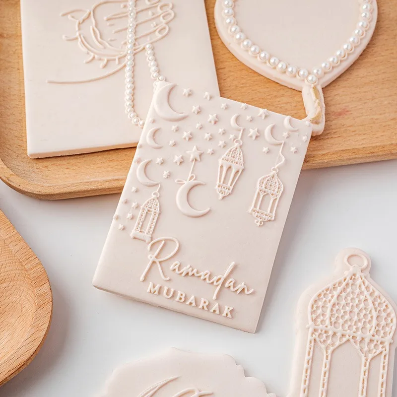 Islamic Eid Cookie Cutters and Stamps Ramadan Mubarak Biscuit Mold Plastic Fondant Embossing Stamp Cake Decorating Baking Tools