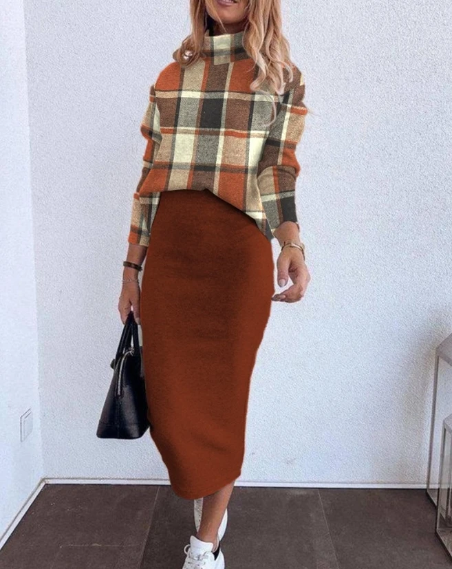 

Two Piece Set Women Outfit Autumn Fashion Plaid Pattern Mock Neck Long Sleeve Top & Casual Temperament Mid-Calf Daily Skirt Set