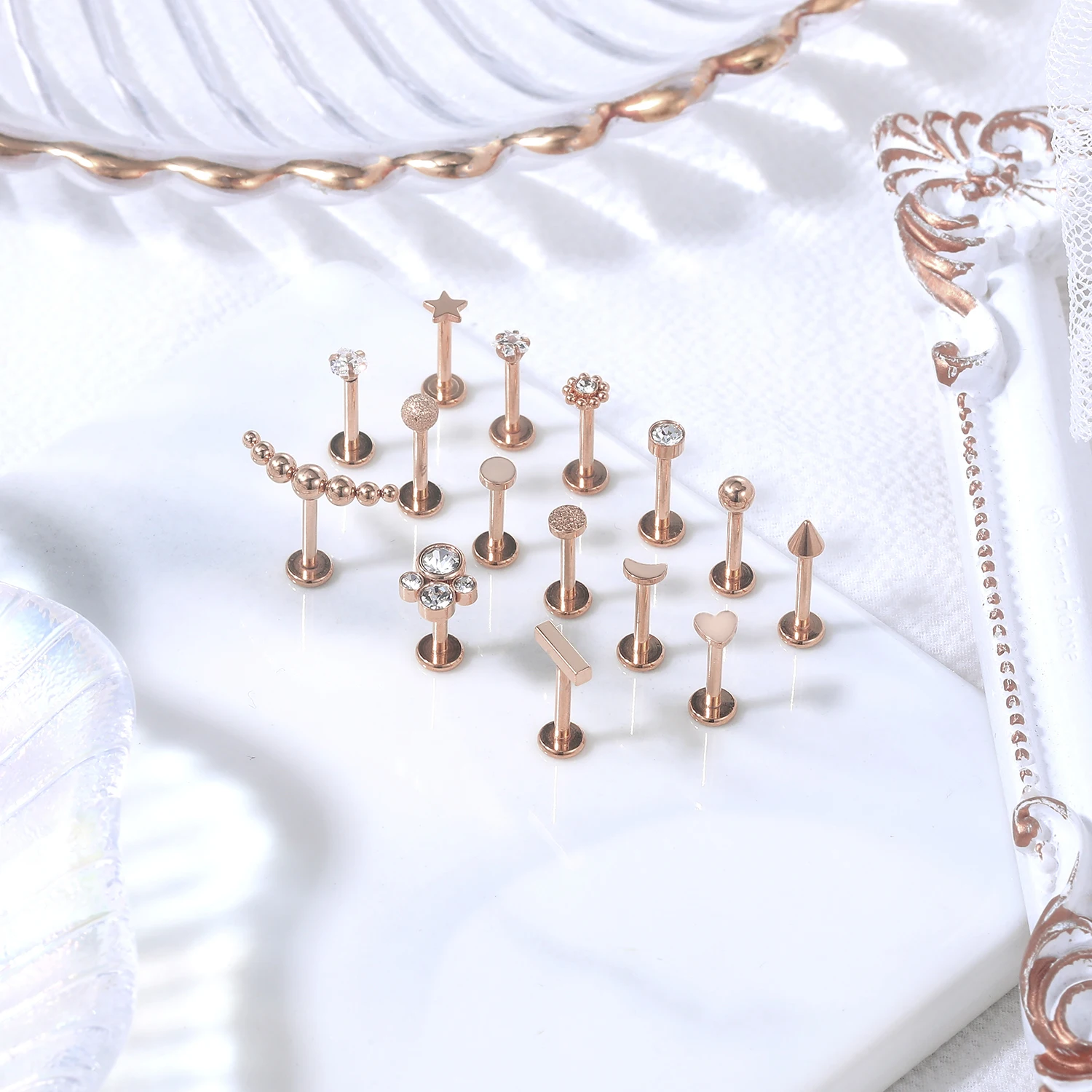 ZS 1PC 16G Rose Gold Plated Helix Piercing Earring Zircon Lip Stud Star Moon Labret Piercing Jewelry Crystal Lip Body Jewelry