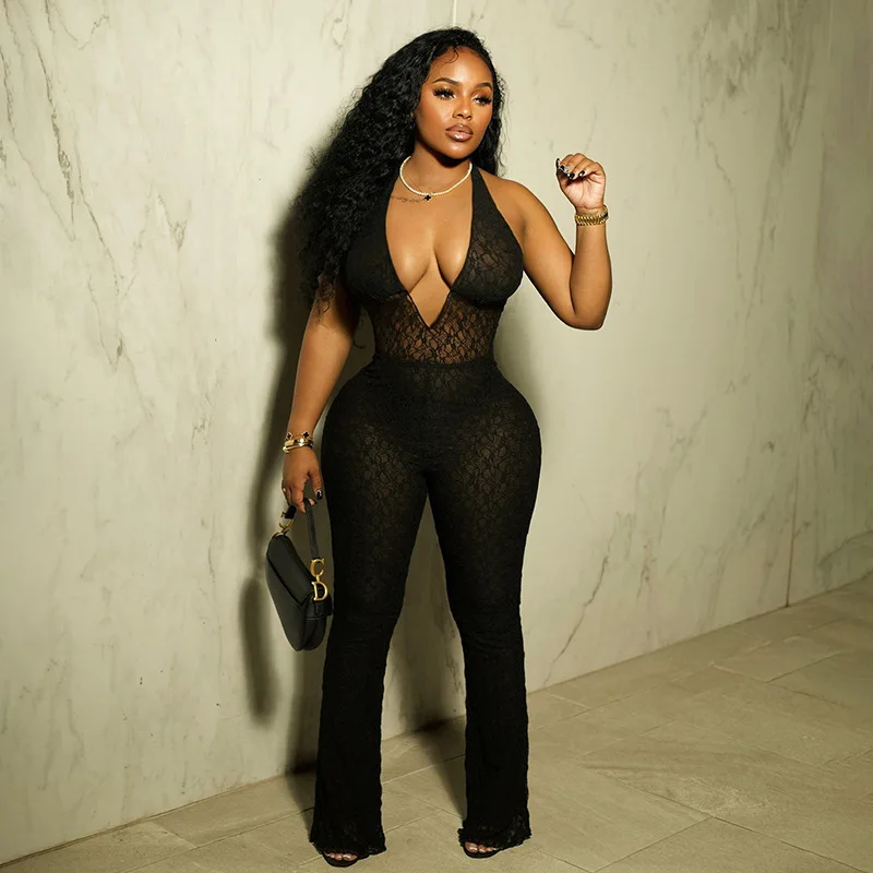 

Сексуальный комбинезон с глубоким V-образным вырезом, прозрачными вставками, поясом, завязками на шее, прозрачным дизайном, высокой талией, длинными брюками, из полиэстеровой ткани.