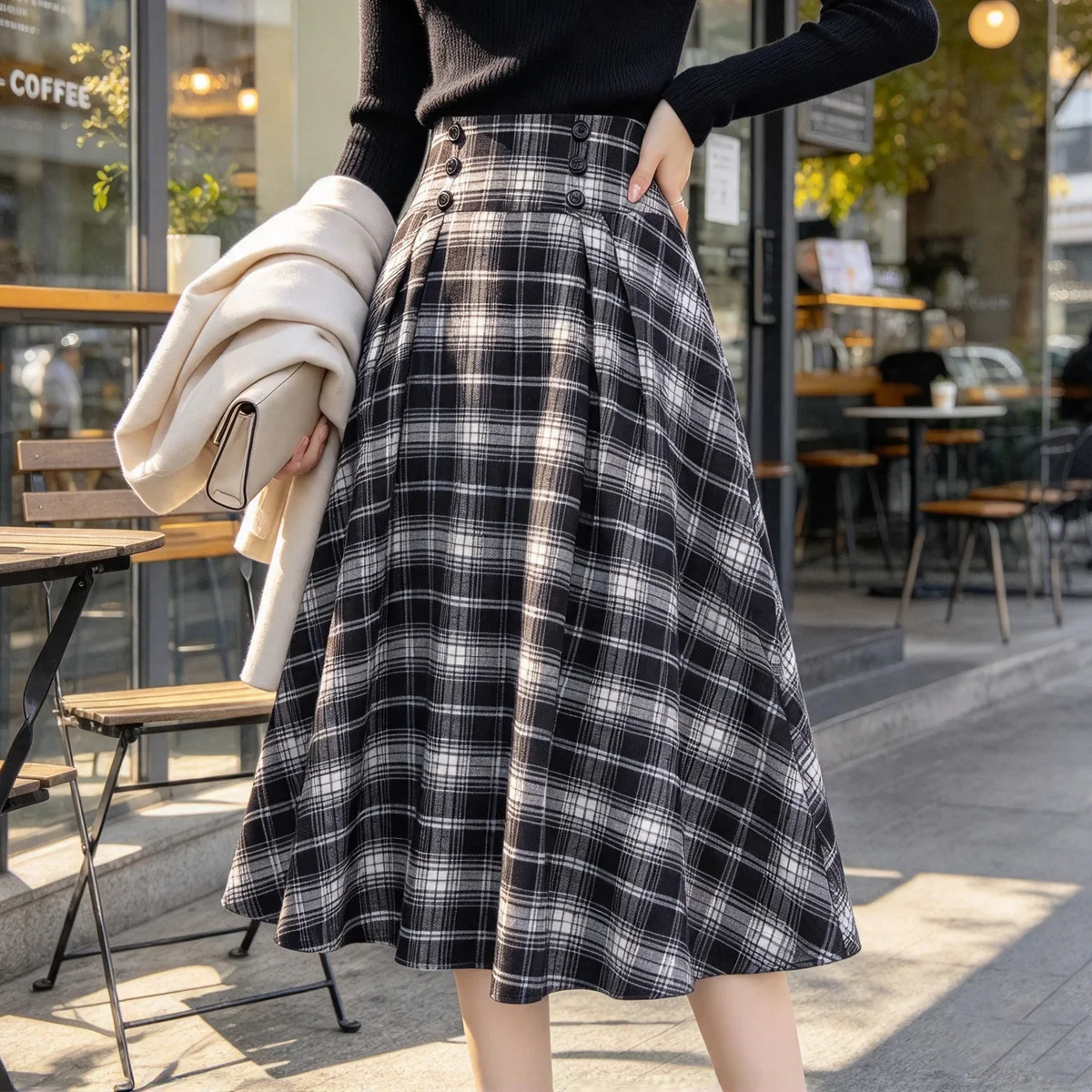 SISHION 2025 Autumn New A Line Swing Buttons Long Midi Vintage Skirt SS0037 Red Green High Waist Plaid Skirts for Women Jupe