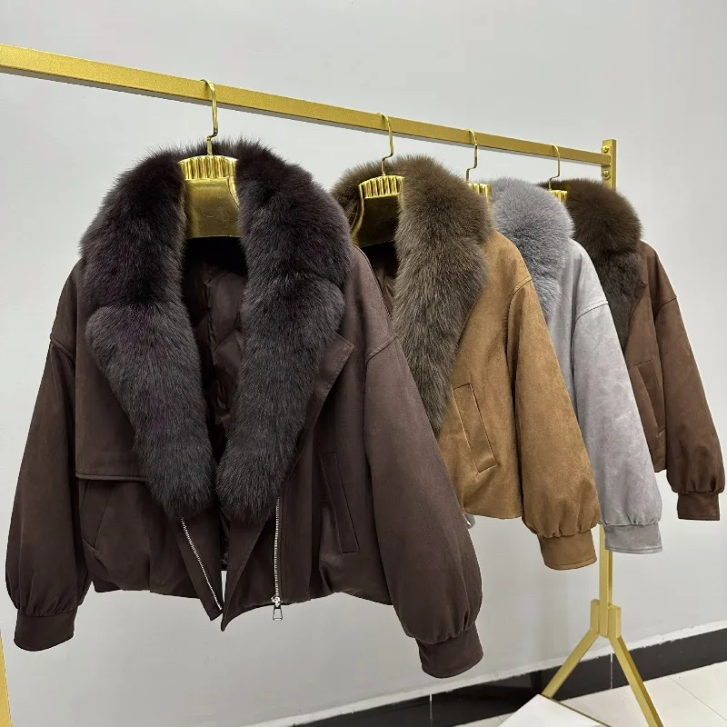 New Down Jacket Women's Short Fur Jacket Fashionable Korean Version Suede Fabric Fox Fur Collar Removable Winter Clothing Trend