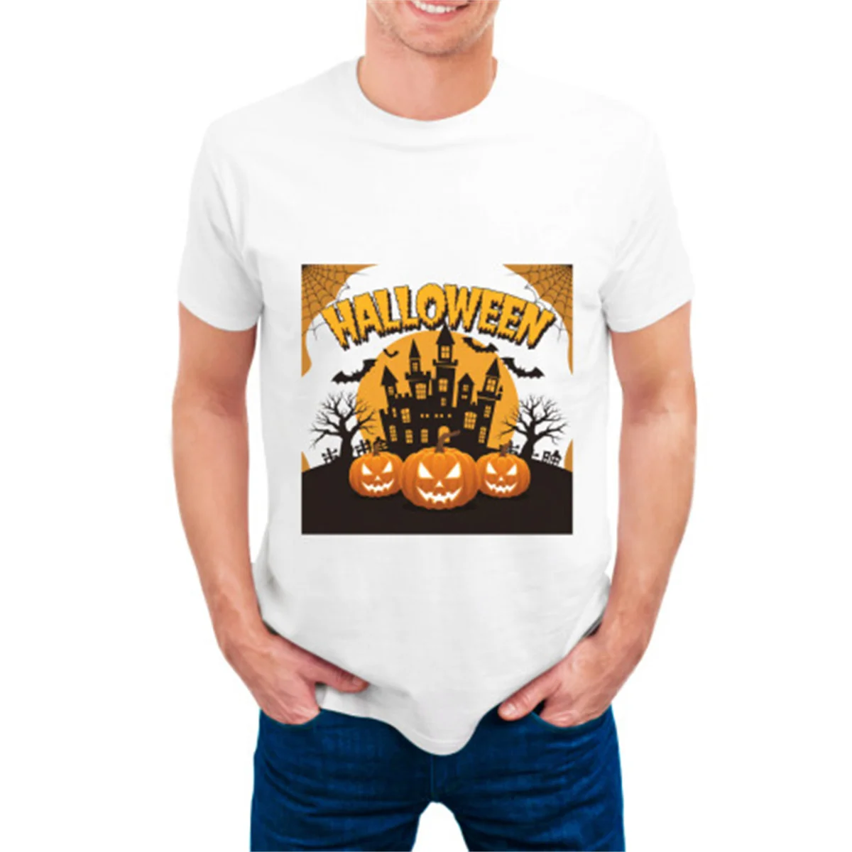 تي شيرت رجالي للهالوين تي شيرت Castle Front Ghost Pumpkin مطبوع عليه الشارع تي شيرت برسومات كبيرة الحجم ناعم وخفيف الوزن Harajuku للجنسين