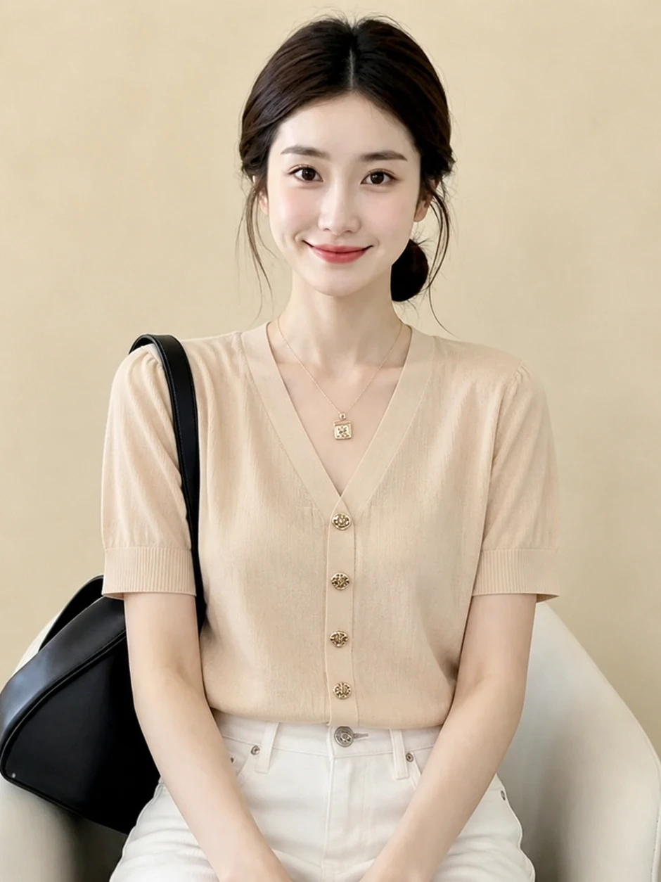 

2026 Summer Commute Women's V-Neck Short Sleeve Knitwear Single Button Slimming Fashion Lazy Style Korean Version Straight Cut
