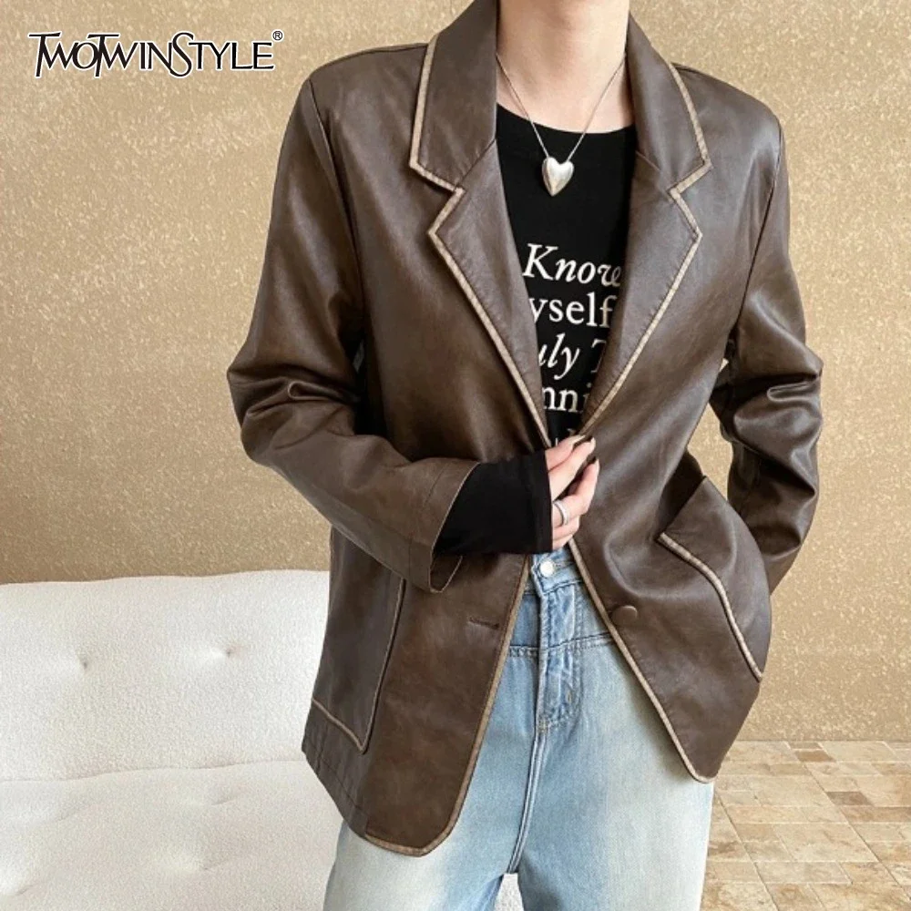 

TWOTWINSTYLE Solid Spliced Button Jackets for Women Lapel Long Sleeve Temperament Coats Female Fashion Style New