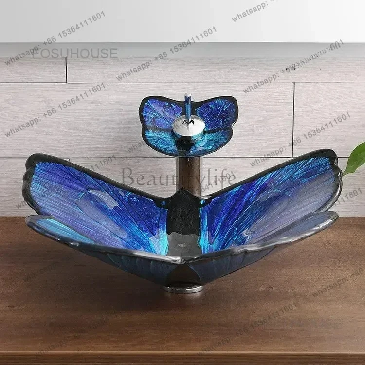 Creative Garden Glass Table Basin Toilet Bathroom Sinks Butterfly Bathroom Washbasins Vanity Washing Sinks Kitchen Basin