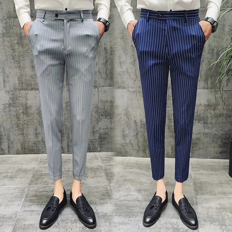 Classic Striped Men Business Social Suit Pants for Spring/Summer 2024 Stylish Mens Casual All-match Nine-point Pants Streetwear