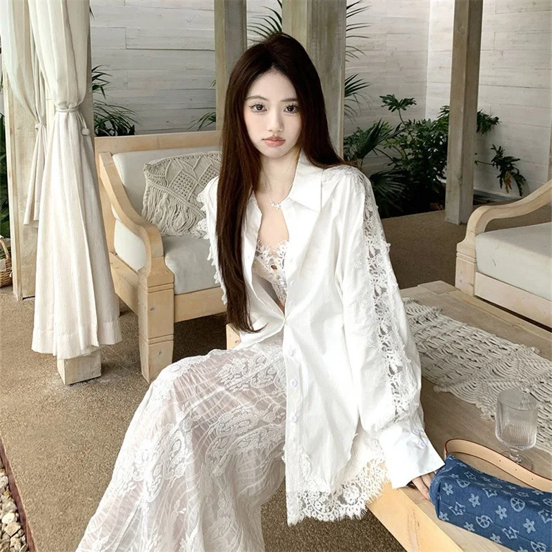 

Women's 2026 Spring New White Heavy Embroidered Lace Spliced Sun Protection Shirt Loose Mid-Long Long Sleeve Top