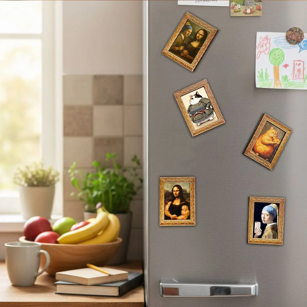 Lustiger, molliger orangefarbener Katzen-Kühlschrankmagnet mit Pizza-Motiv, gerahmte Vintage-Magnetkunst für Küche, Kühlschrank und Heimdekoration – Detail 8