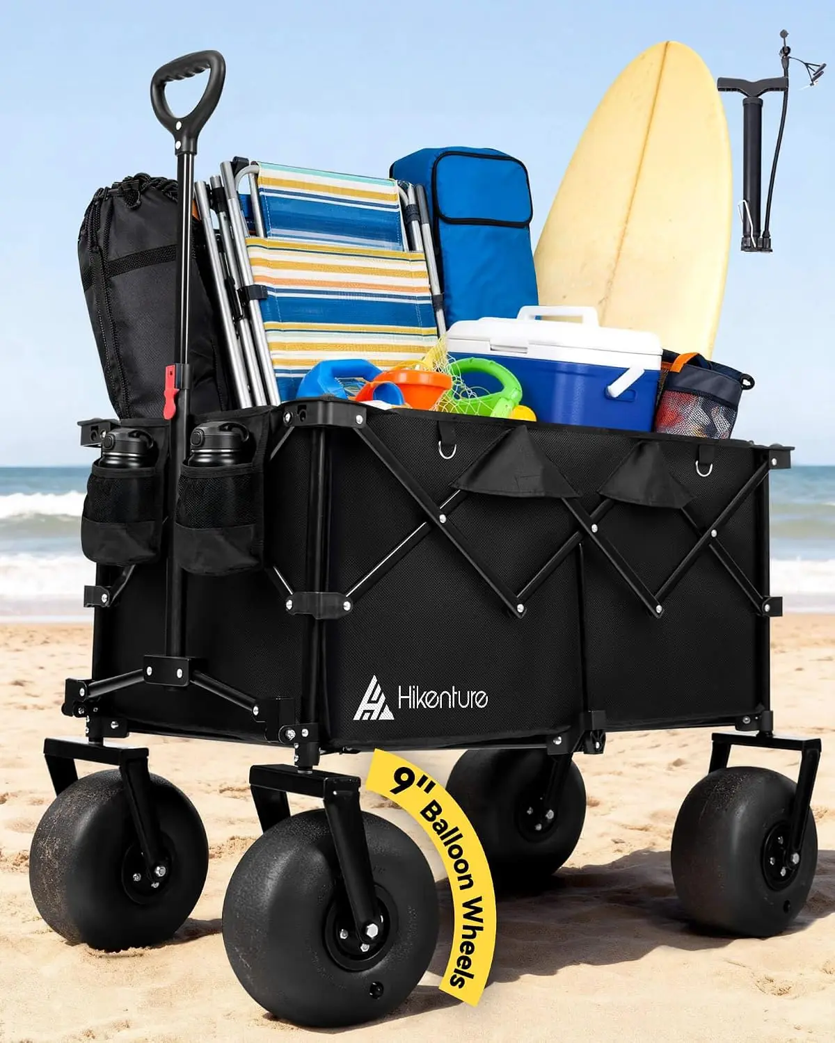 Collapsible Beach Wagon with 9 Inch PU Balloon Wheels 440lbs Heavy Duty Foldable Utility Cart Large Capacity Beach Cart for Sand