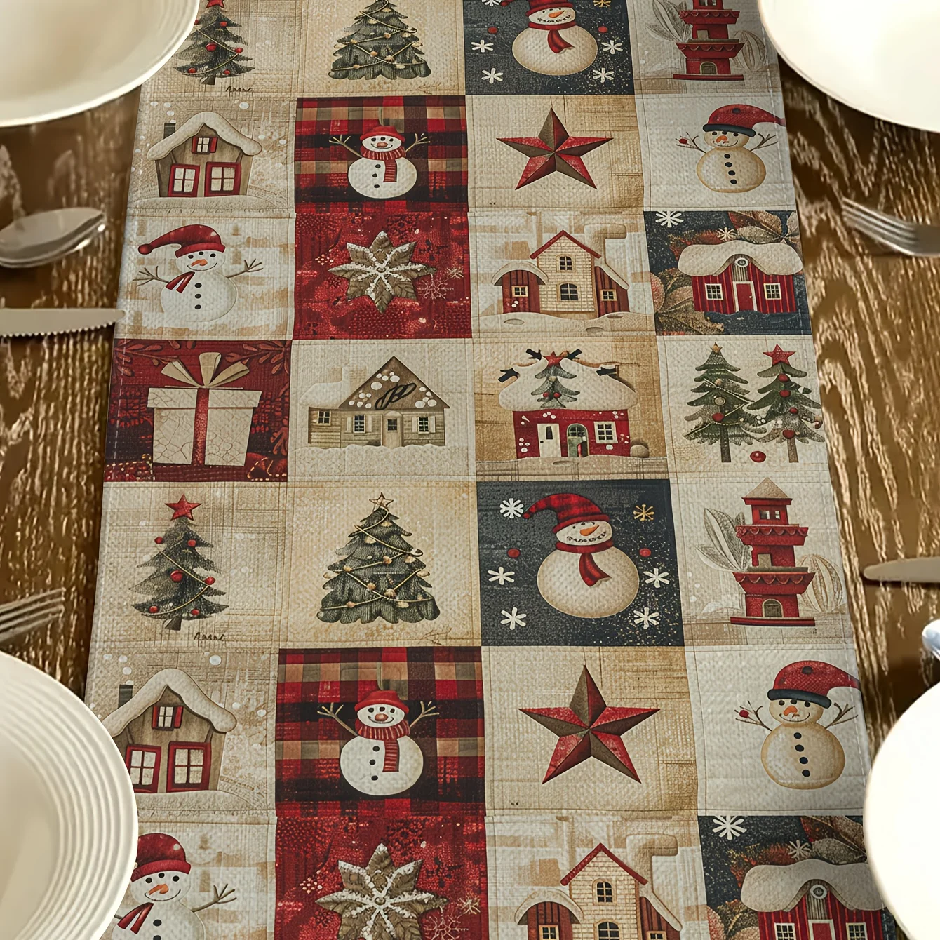 ผ้าปูโต๊ะคริสต์มาสวินเทจ 1 ชิ้น - ลายมนุษย์หิมะ ซานตาคลอส และกวางเรนเดียร์ สำหรับตกแต่งบ้านในฤดูหนาว เครื่องประดับคริสต์มาส