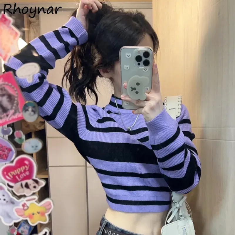 Purple Striped Pullovers Women Cropped Hotsweet Vintage Slim Panelled Sexy European Hipsters Knit Sweater Fashion Basic Personal