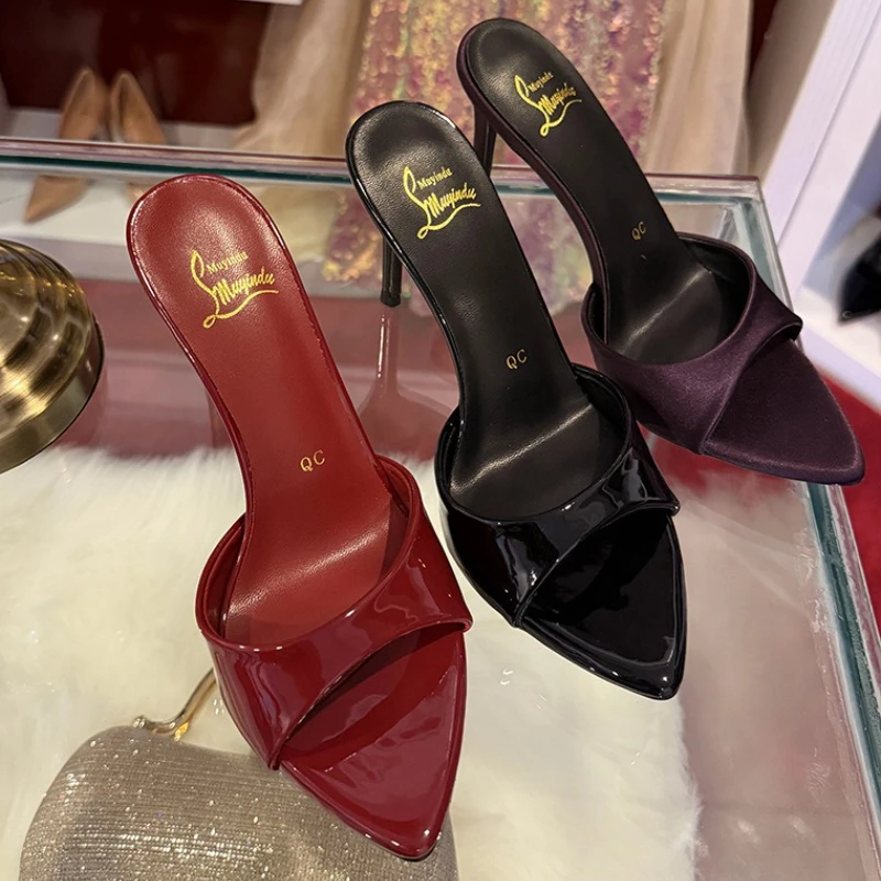 Elegant Satin Purple High Heels Slippers Women High Quality Pointed Toe Slides Designer Sandals Sexy Peep-toe Party Dress Shoes