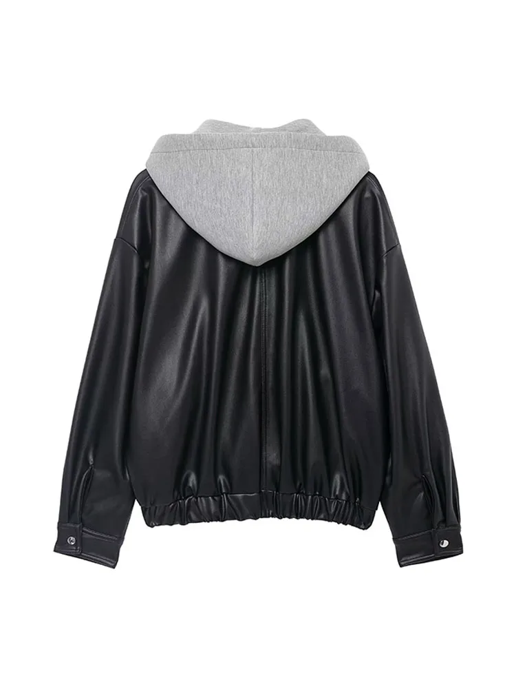 

HH Women Winter New Hooded Fake 2 Piece Set Slant Pocket Zipper Splicing Leather Coat Female Casual Adjustable Hem Short Jacket