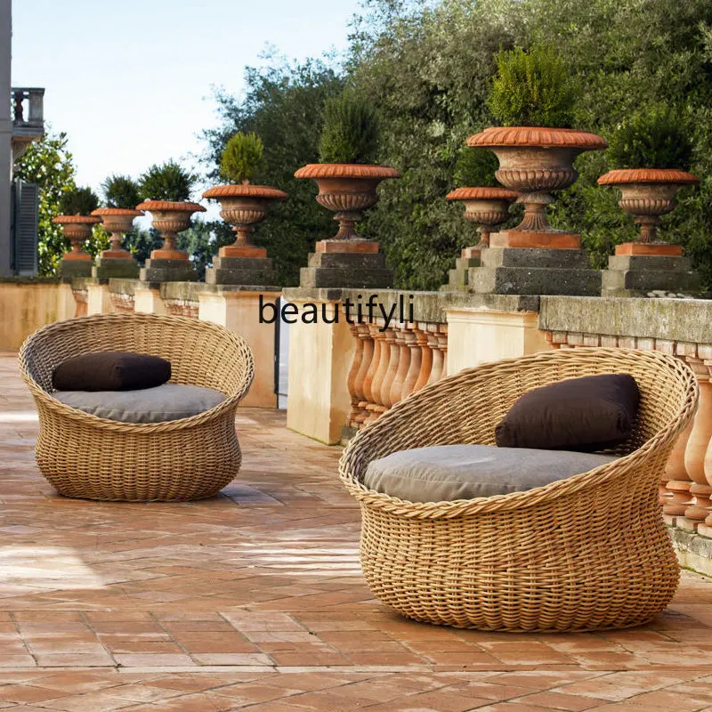 Balcony Rattan Chair Sofa Three-Piece Tea Table Combination Garden Rattan round Table and Chair Leisure Courtyard