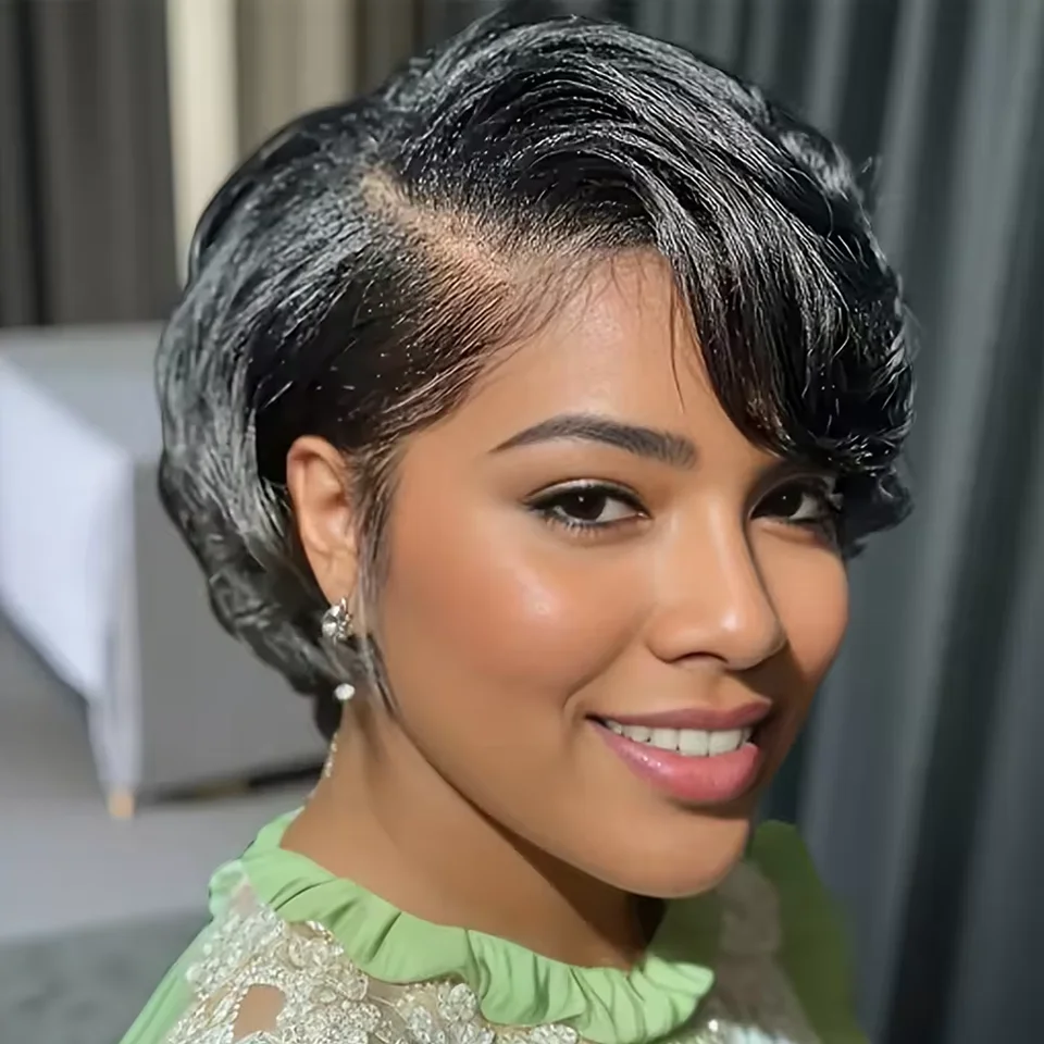 

Натуральный черный парик из 100% человеческих волос, короткий, прямой, с прямой челкой, без клея, с правой разделивочной линией, для женщин