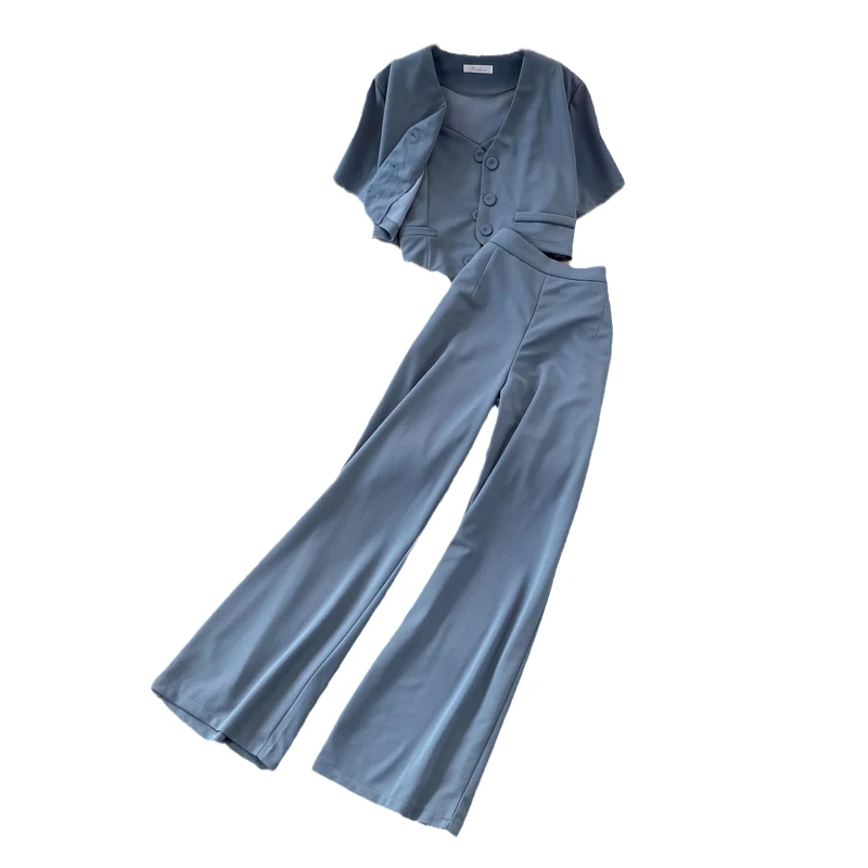 

Модный женский комплект футболок с жилетом на бретелях V-Ne irt Верхняя одежда с высокой талией и драпировкой, широкие длинные брюки, летние