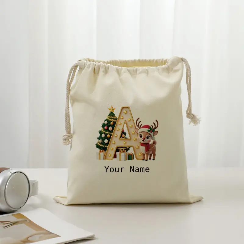 A-Z Initials Drawstring Storage Bag Custom Name Cute Christmas Reindeer Xmas Tree Golden Holiday Candy Gift Sack Xmas Present