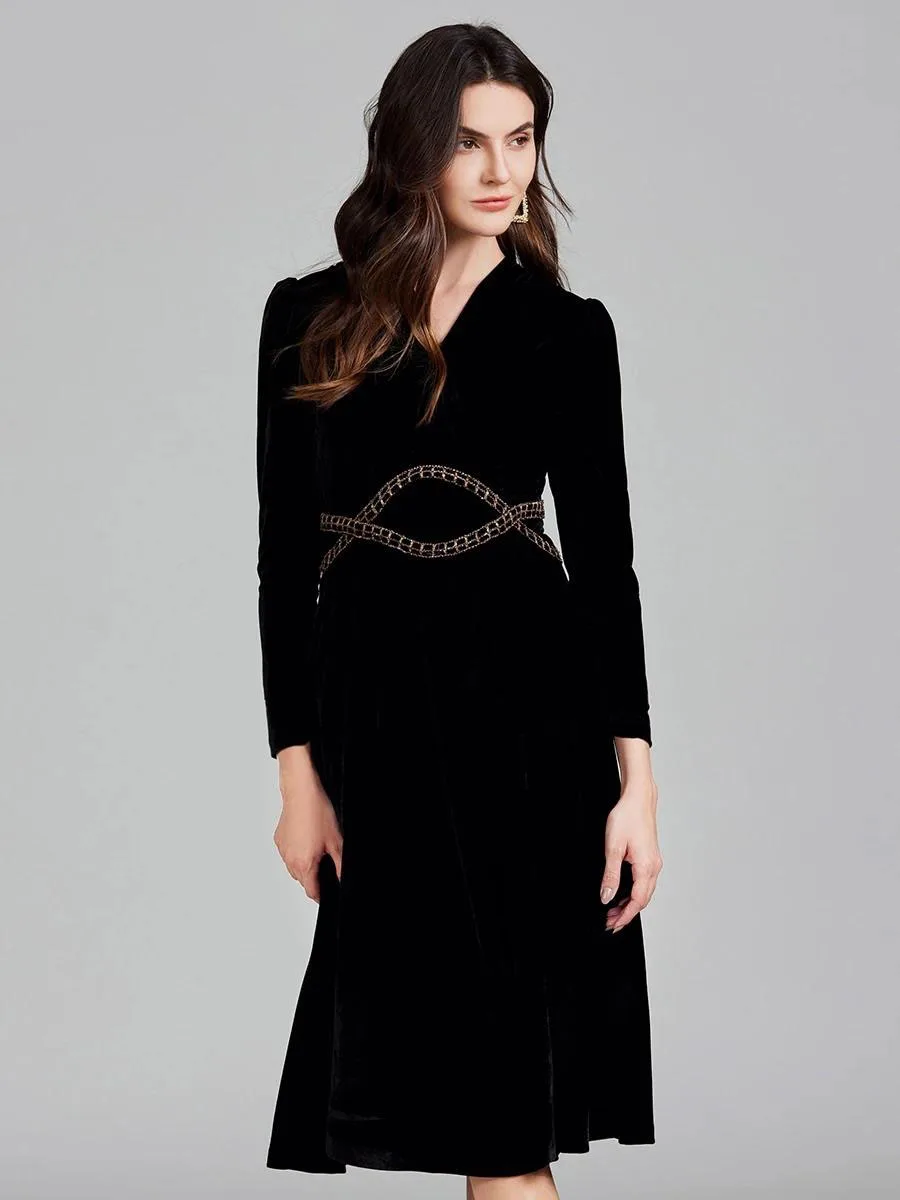 Autumn Winter Runway Luxury Chain Splice Velvet Midi Dresses Women Elegant V Neck High Waist Thick Warm Velour Party Vestidos