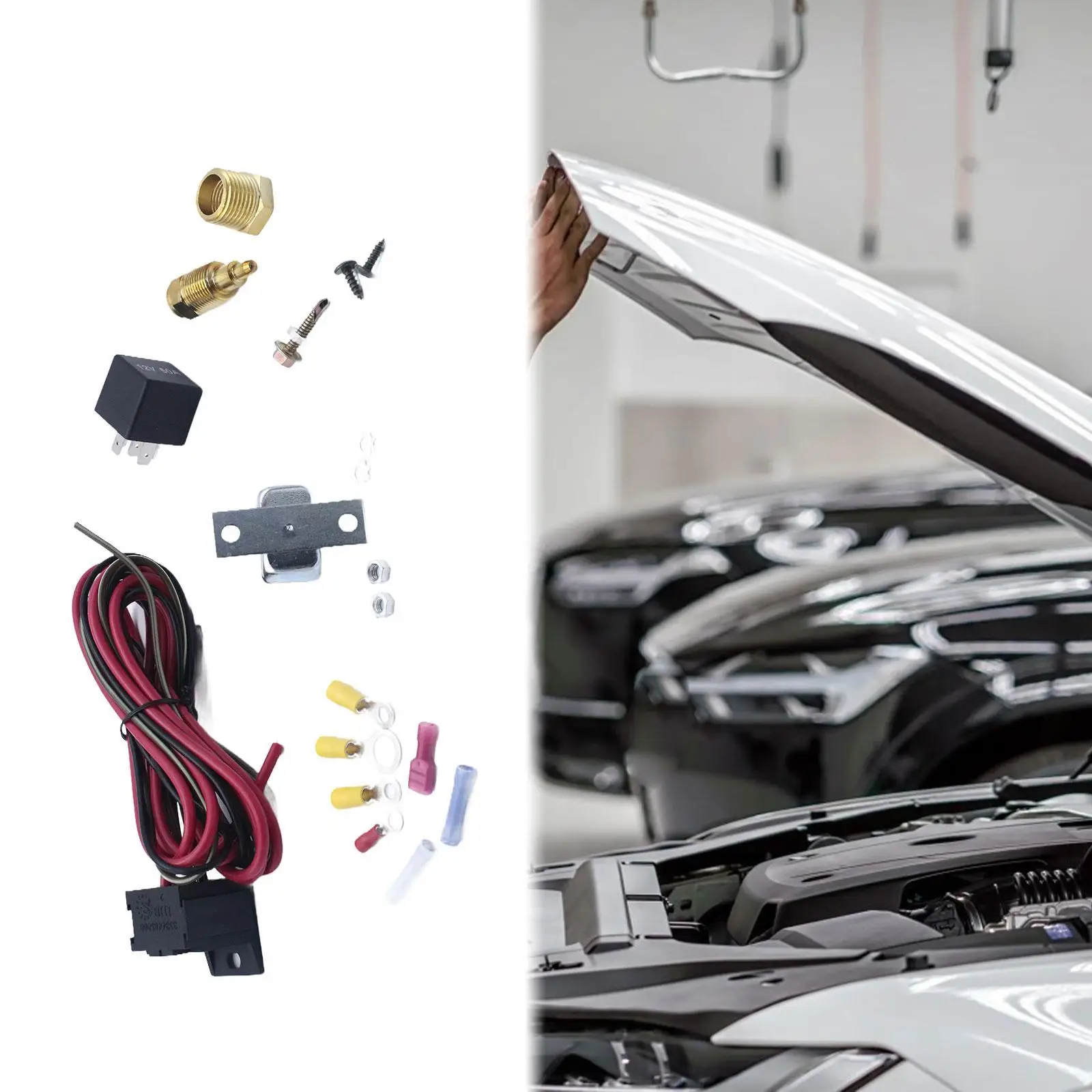 

Professional Metal Electric Cooling Fan Thermostat Relay Kit Temp Sensor for Car Engine Temp Management